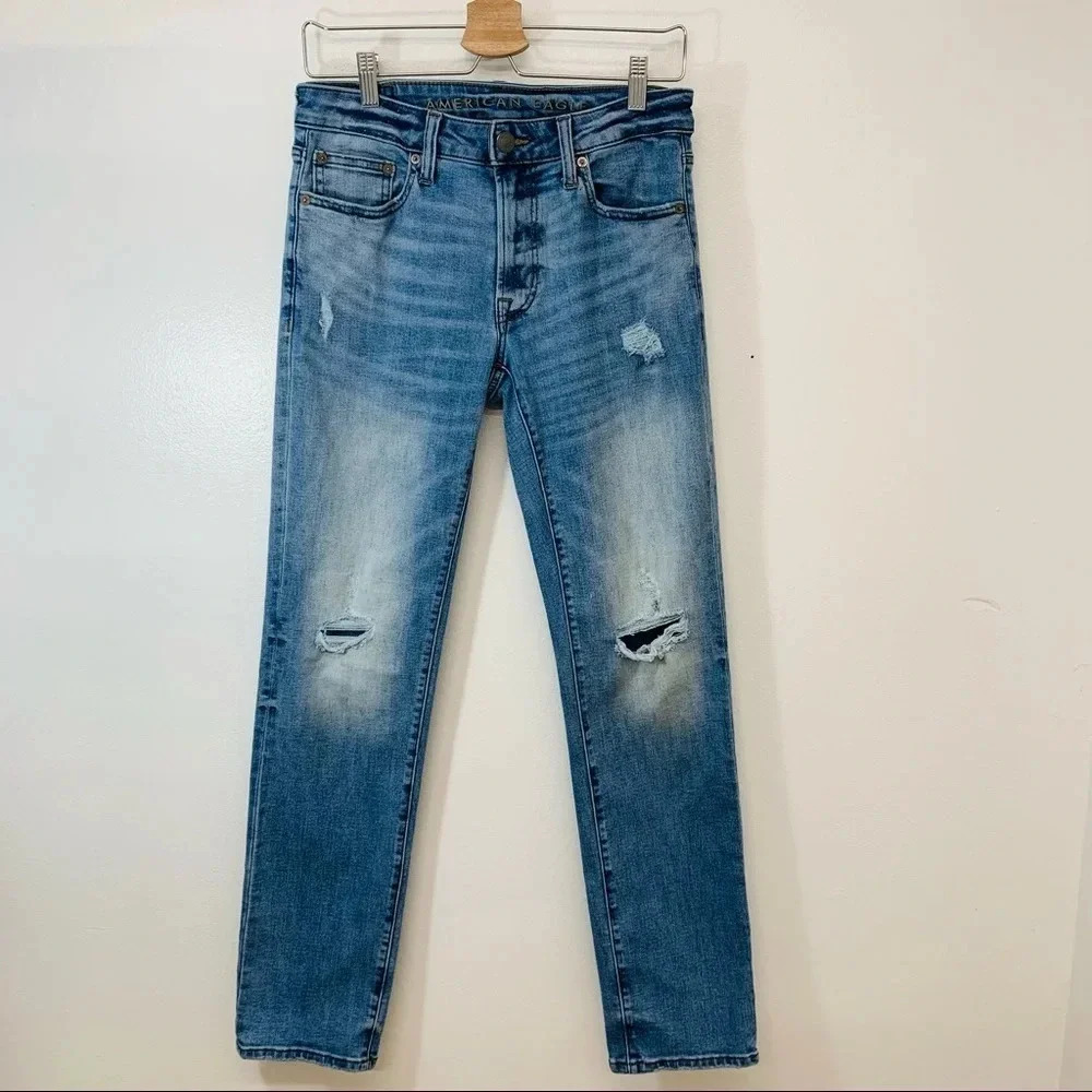 American Eagle Airflex  Slim  Straight  Jeans Men 29 Blue Distressed 31" ‎ READ
